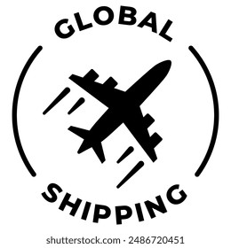 Global shipping airplane icon. Worldwide air shipping vector illustration. International transportation label. Global delivery emblem. Worldwide delivery postage stamp. International logistic seal.