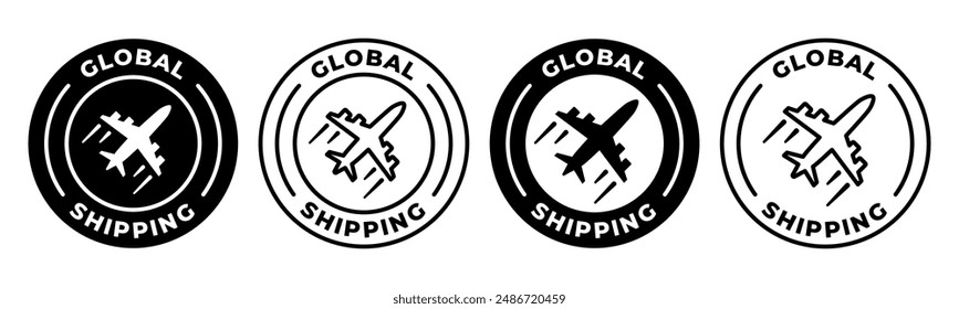 Global shipping airplane label. Worldwide air shipping vector illustration. International transportation icon. Global delivery emblem. Worldwide delivery postage stamp. International logistic seal.