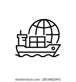 Global shipping cargo ship icon represents worldwide delivery. Shipping around world, global transportation logistics, international freight, and export import business concept. Container ship moving goods across oceans for worldwide commerce.