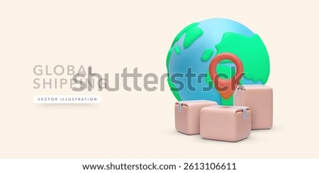 Global Shipping Concept With 3D Earth, Delivery Boxes, And Location Pin. Ideal For Logistics, Ecommerce, And Worldwide Parcel Services. Clean Minimal Design. Vector Illustration.