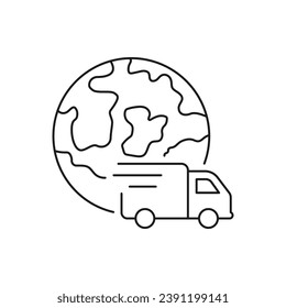 Global shipping. Delivery truck and earth. International delivery icon line style isolated on white background. Vector illustration