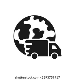 Global shipping. Delivery truck and earth. International delivery icon flat style isolated on white background. Vector illustration