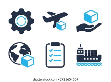 Conjunto de iconos de operaciones de envío y distribución globales. Iconos de la serie de glifos sólidos