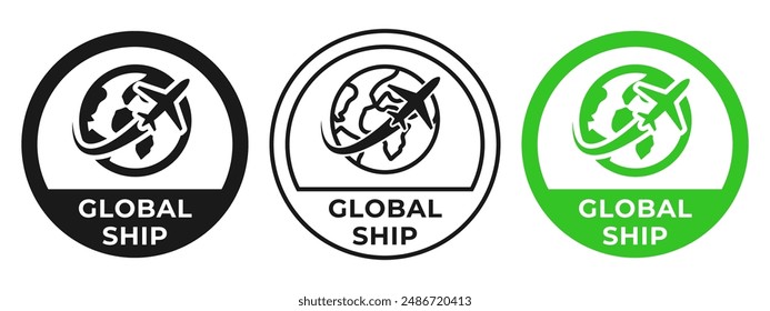 Global shipping emblem. Worldwide shipping vector illustration. International transportation green icon. Global delivery seal. Worldwide delivery postage stamp. International logistic badge isolated