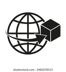 Global shipping icon. Globe and cube. Black and white design. Vector illustration.