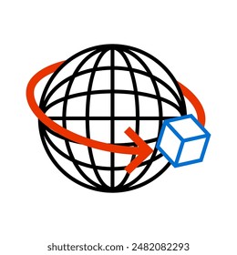 Global shipping icon. Red arrow with box. Black globe grid. Blue cube design.