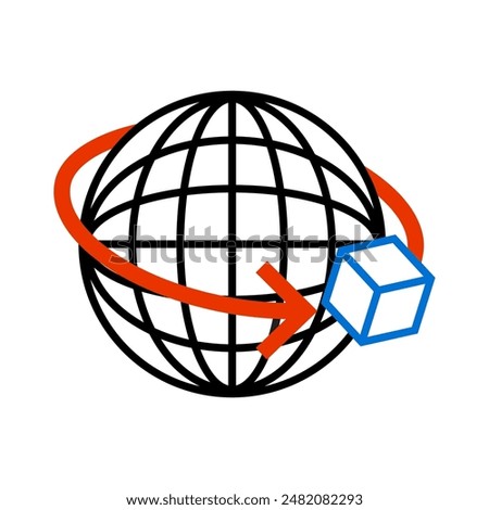 Global shipping icon. Red arrow with box. Black globe grid. Blue cube design.