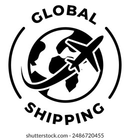 Global shipping icon. Worldwide shipping vector illustration. International air transportation label. Global delivery emblem. Worldwide delivery postage stamp. International logistic badge isolated.