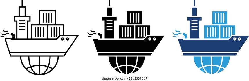 Global Shipping Icons Set. Editable Stroke Outline, Solid and Flat Color Vector Icons for Cargo Ship, Maritime Logistics and Freight Transport