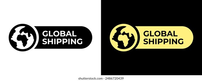 Globales Versandlabel. In: Worldwide Shipping Vektorillustration. Symbol für den internationalen Transport. Emblem für globale Lieferung. Weltweite Briefmarke isoliert. Internationales Logistikkonzept.