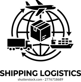 Global shipping logistics vector graphic with world map cargo plane ship truck and box icons shipping logistics