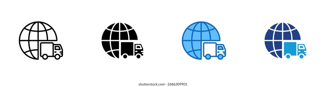 Vetor de design de ícone de múltiplo estilo de transporte global - Globo com caminhão, representando logística mundial e entrega internacional