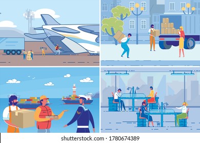 Global Shipping and Parcels Delivery Post Service. People Cartoon Characters in Transportation or Logistic Company - Loading Cargo and Answering Customers Calls. Flat Vector Illustrations Set.
