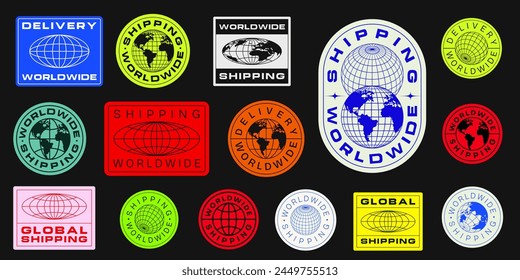 Globaler Versand Aufkleber Zeichen Vektorgrafik Design. Symbol für weltweiten Lieferungs-Patch. In: World Globe Graphic Element.