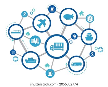 Global shipping and supply chain vector illustration. Abstract concept with world map background and connected icons related to international import and export, distribution and transportation.