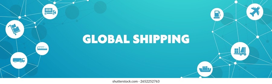 Ilustração do vetor da cadeia de fornecimento e entrega global. Conceito abstrato com fundo de mapa mundial e ícones conectados relacionados à importação e exportação internacional, distribuição e transporte.