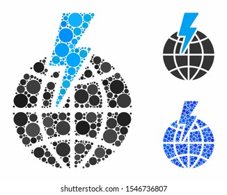 Global shock composition of small circles in various sizes and color hues, based on global shock icon. Vector small circles are composed into blue illustration.