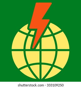Global Shock vector icon. Style is bicolor flat symbol, orange and yellow colors, rounded angles, green background.