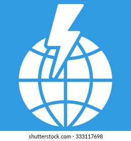 Global Shock vector icon. Style is flat symbol, white color, rounded angles, blue background.