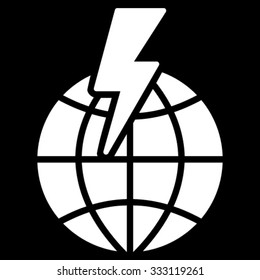 Global Shock vector icon. Style is flat symbol, white color, rounded angles, black background.