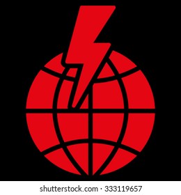 Global Shock vector icon. Style is flat symbol, red color, rounded angles, black background.