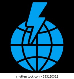 Global Shock vector icon. Style is flat symbol, blue color, rounded angles, black background.