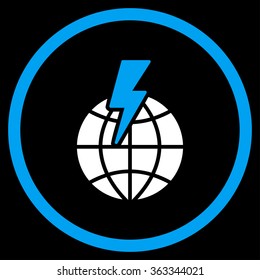 Global Shock vector icon. Style is bicolor flat circled symbol, blue and white colors, rounded angles, black background.