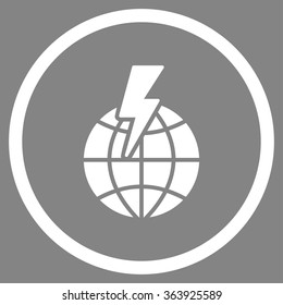 Global Shock vector icon. Style is flat circled symbol, white color, rounded angles, gray background.