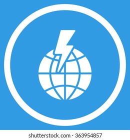 Global Shock vector icon. Style is flat circled symbol, white color, rounded angles, blue background.