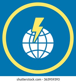 Global Shock vector icon. Style is bicolor flat circled symbol, yellow and white colors, rounded angles, blue background.
