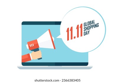 Global Shopping Day. Hand holding megaphone coming out from laptop with speech bubble. Commercial graphic design for sale promotion, discount shopping and commerce advertising. Vector illustration.