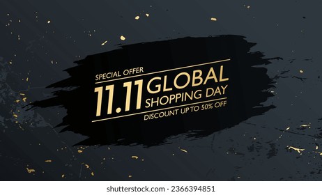 Global Shopping Day Luxury Banner. November 11 commercial background for sale promotion, discount shopping and commerce advertising. Gold colored. Vector illustration.