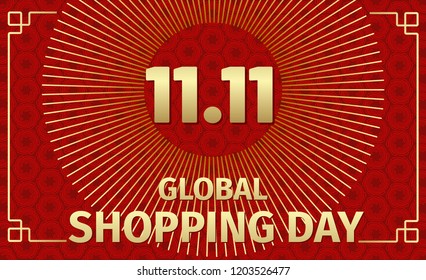Global shopping day sale holiday banner 11.11. Discount special offer marketing poster. Cool design in golden and red colors  for promotion. Big sale promo background template. Vector illustration.