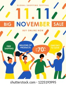 Global Shopping Festival. Colored vector illustration in flat style. Young guys and girls.