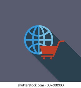 Global shopping icon. Flat vector related icon with long shadow for web and mobile applications. It can be used as - logo, pictogram, icon, infographic element. Vector Illustration.