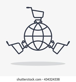 Global shopping icon. Objects isolated on background. Flat and cartoon vector illustration.