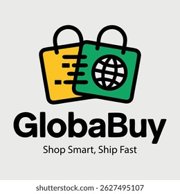 Global shopping logo design with two shopping bags and a globe, symbolizing international online commerce.