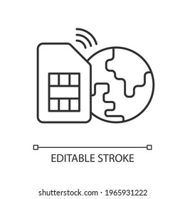 Global SIM card linear icon. Smartphone connection around planet. Global communication. Thin line customizable illustration. Contour symbol. Vector isolated outline drawing. Editable stroke