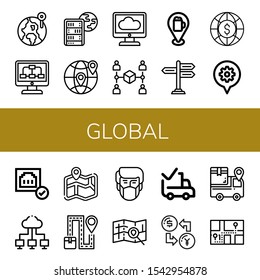 global simple icons set. Contains such icons as World, Data, Global server, Earth, Cloud computing, Connection, Pin, Signpost, Map, Connected, can be used for web, mobile and logo