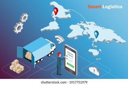 Global smart logistics. Businessman online checking shipment tracking status on mobile phone app with truck and world map background. Transportation technology concept.