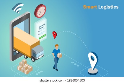 Global smart logistics. Deliveryman with truck and tracking status on mobile phone deliver shipment to customer. Logistic and transportation technology concept.