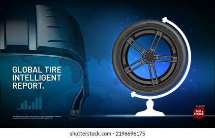 Global Smart Tire Report. Cover for publication. Tire cut in layers. Car tire with aluminum rim - side view. Colorful background. Industrial style. Diagram. Stylized globe. Advertising banner.