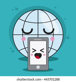 Global and smartphone icon. Kawaii and technology design. Vector