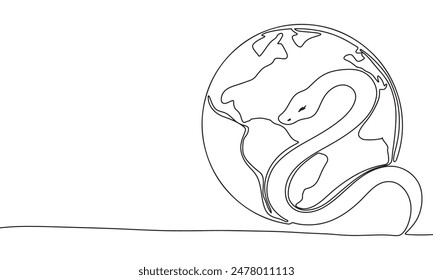 Global snake one line continuous. snake and earth line art. Hand drawn vector art.