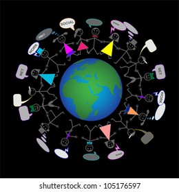 Global Social characters around the earth, vector