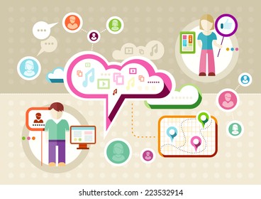 Global social network abstract scheme. Social media concept with cloud icons man and woman profiles in flat design