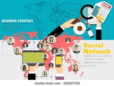 Global social network abstract scheme. Business analysis and planning, consulting, team work. Concepts web banner and printed materials.