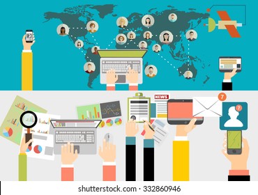 Global social network abstract scheme. Business analysis and planning, consulting, team work. Concepts web banner and printed materials.
