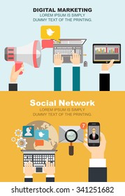 Global social network abstract scheme.Set of flat design illustration concepts for video and digital marketing. Concepts for web banner and promotional material.