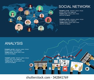 Global Social Network Abstract Scheme. Business Analysis And Planning, Consulting, Team Work. Concepts Web Banner And Printed Materials.